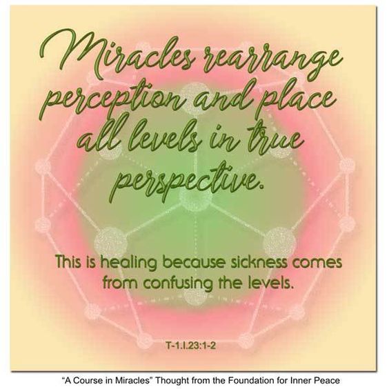 graphic (ACIM Weekly Thought): "Miracles rearrange perception and place all levels in true perspective. This is healing because sickness comes from confusing the levels." T-1.23:1-2 dodecahedron sacred geometry