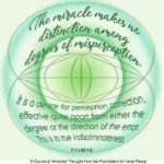 graphic (ACIM Weekly Thought): "The miracle makes no distinction among degrees of misperception. It is a device for perception correction, effective quite apart from either the degree or the direction of the error. This is its true indiscriminateness." T-1.I.49:1-3