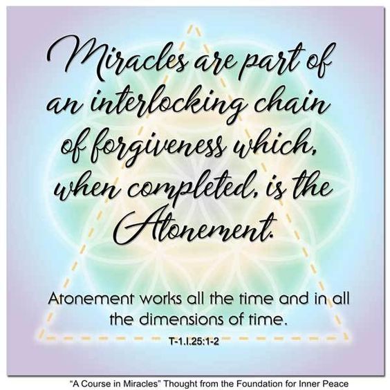 graphic (ACIM Weekly Thought): "Miracles are part of an interlocking chain of forgiveness which, when completed, is the Atonement. Atonement works all the time and in all the dimensions of time." T-1.I.25:1-2