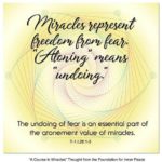 graphic (ACIM Weekly Thought): "Miracles represent freedom from fear. 'Atoning' means 'undoing.' The undoing of fear is an essential part of the atonement value of miracles." T-1.I.26:1-3