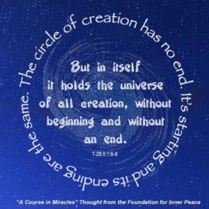 graphic (ACIM Weekly Thought): "The circle of creation has no end. Its starting and its ending are the same. But in itself it holds the universe of all creation, without beginning and without end." T-28.II.1:6-8