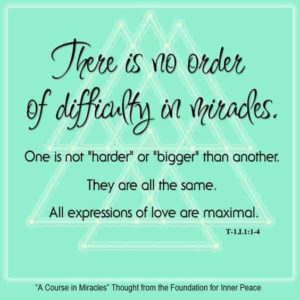 graphic (ACIM Weekly Thought): "There is no order of difficulty in miracles. One is not 'harder' or 'bigger' than another. They are all the same. All expressions of love are maximal." T-1.I.1:1-4