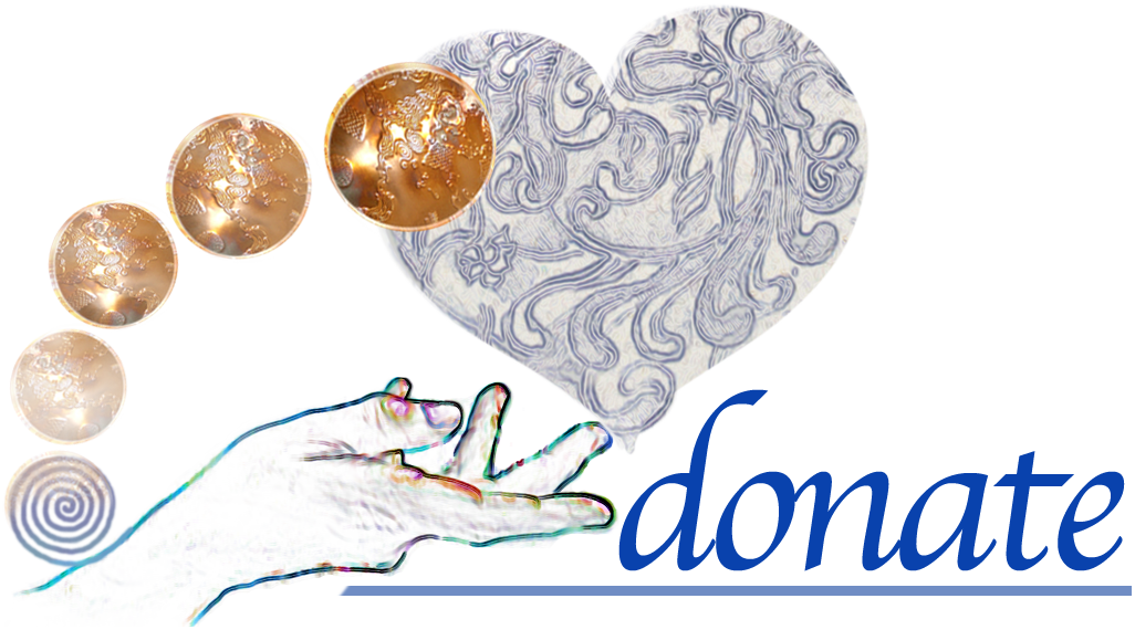 donate banner: Donate to Foundation for Inner Peace (FIP): banner with boldly outlined hand, heart and spirals morphing into coins
