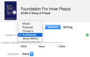 ACIM (USB MP3 iTunes) example screen shot: Selecting the "Audiobook" option