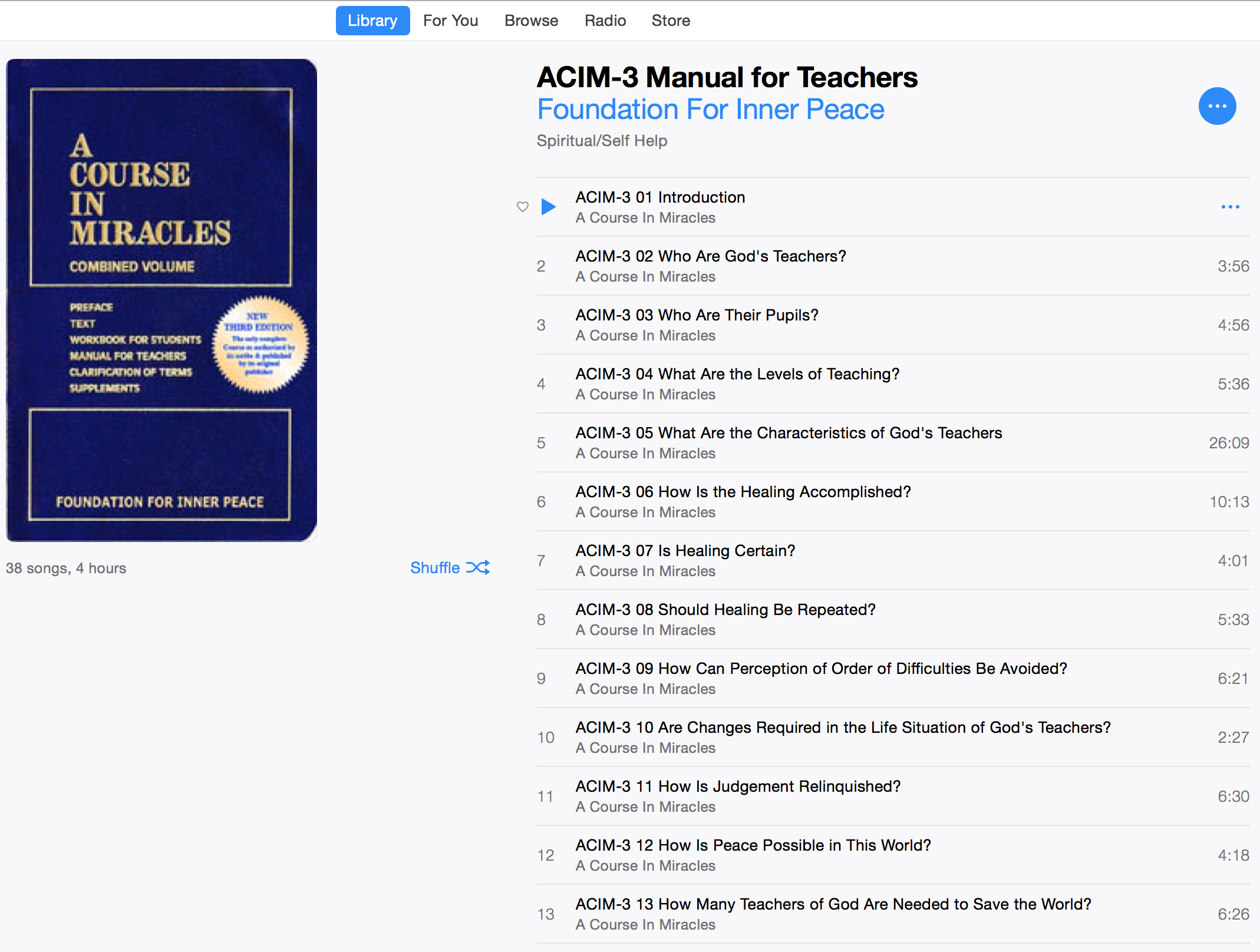 ACIM (USB MP3 iTunes) example screen shot: Manual for Teachers of A Course in Miracles