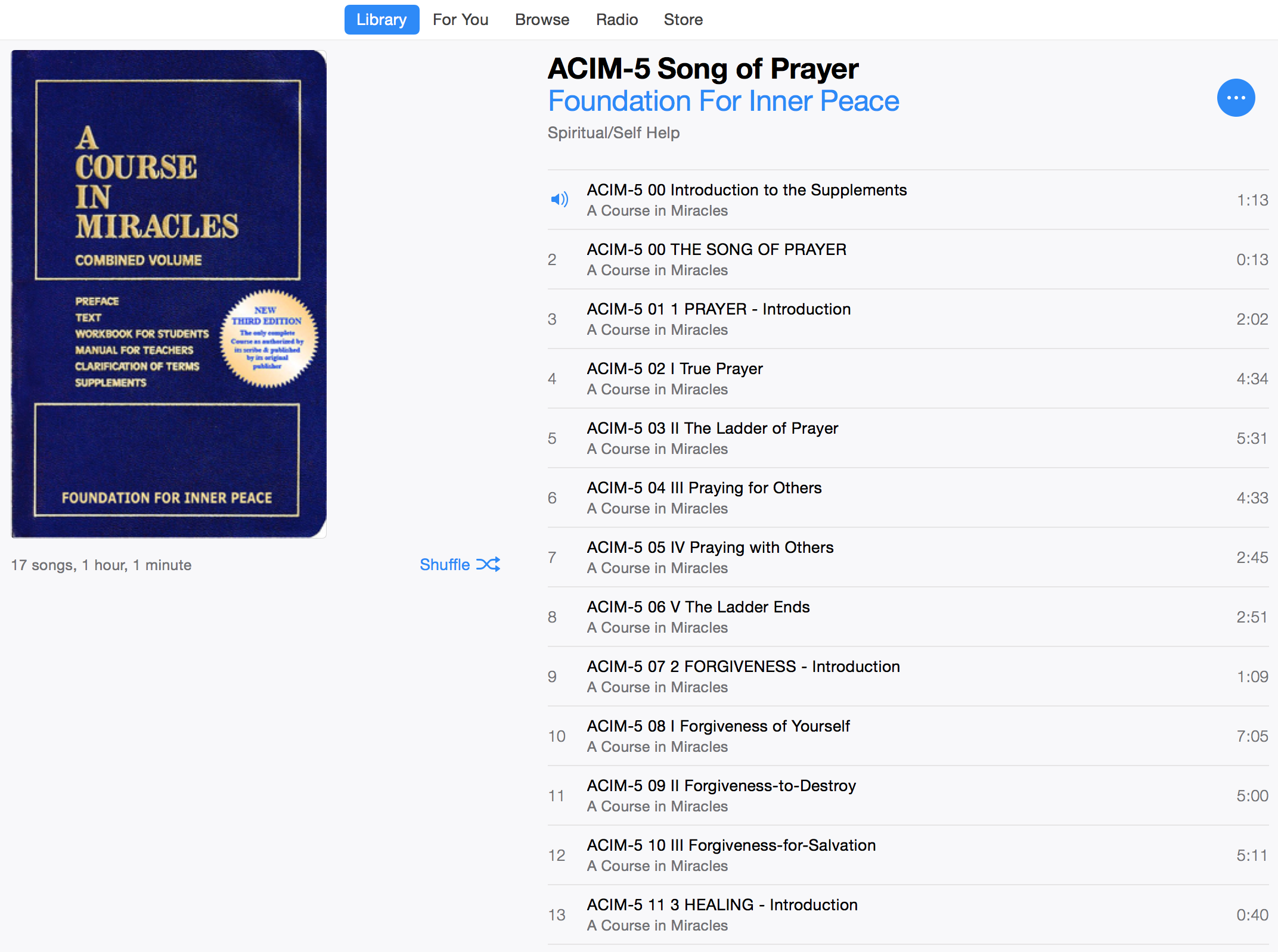 ACIM (USB MP3 iTunes) example screen shot: The Song of Prayer: Prayer, Forgiveness, Healing - English supplement to A Course in Miracles