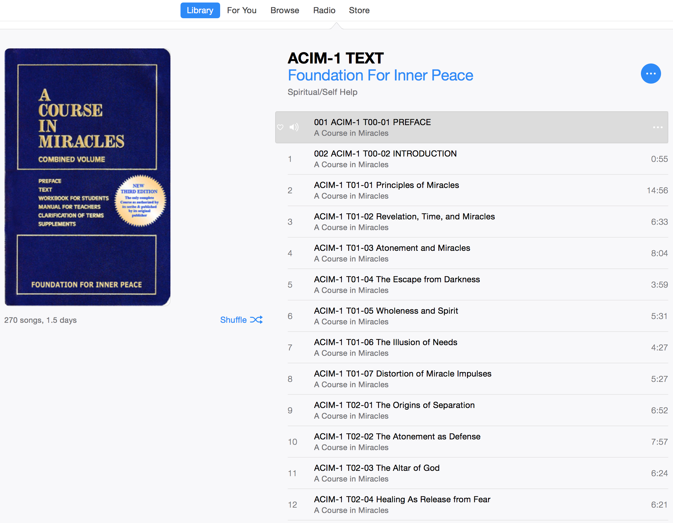ACIM (USB MP3 iTunes) example screen shot: Text of A Course in Miracles