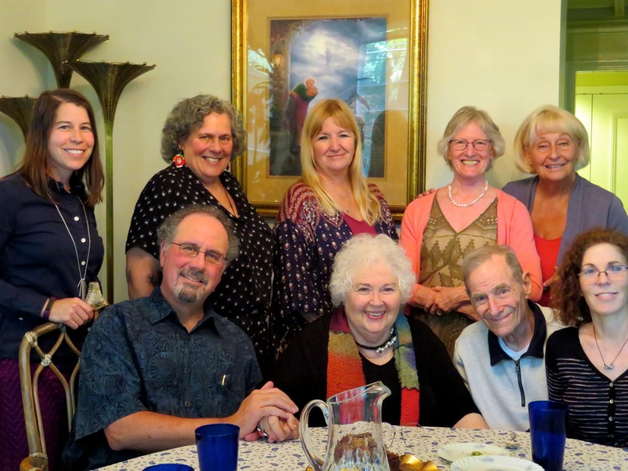 Foundation for Inner Peace - group photo: (left-to-right) standing: Tara Hollander, Deborah Roberts, Emmanuelle Rosenthal, Patricia McAvoy, Lois Lewis; seated: Dr. Robert Rosenthal, Judith Skutch Whitson, Robert Skutch, Tamara Morgan