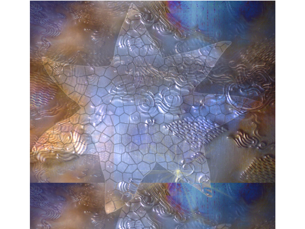 Meditation graphic: irregular heptagram highlight (tiled) over indigo violet copper wave background