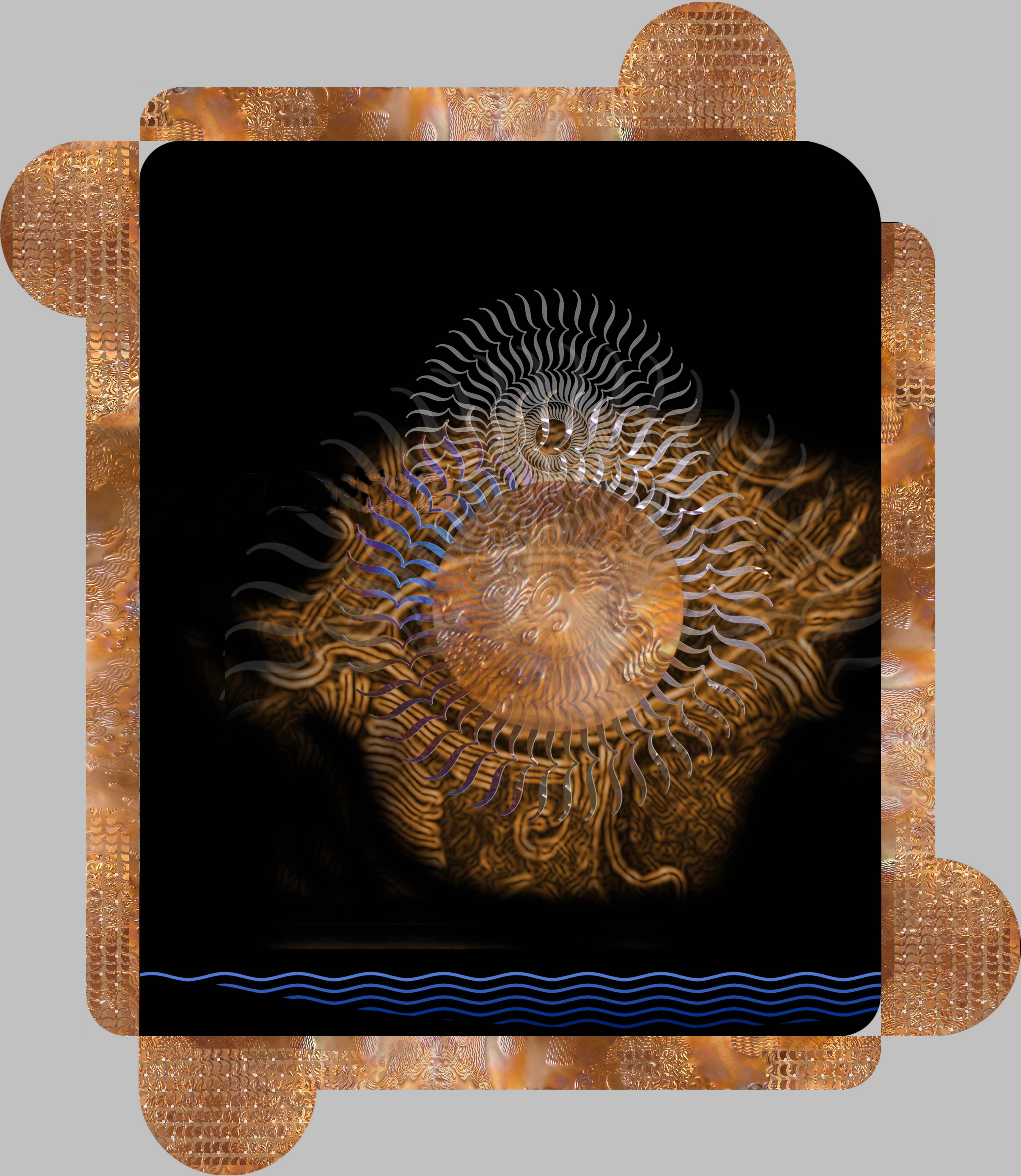 Meditation graphic: rotated "{" stylized eye with copper disk over dark blue rectangle, over copper disk/rectangle frame