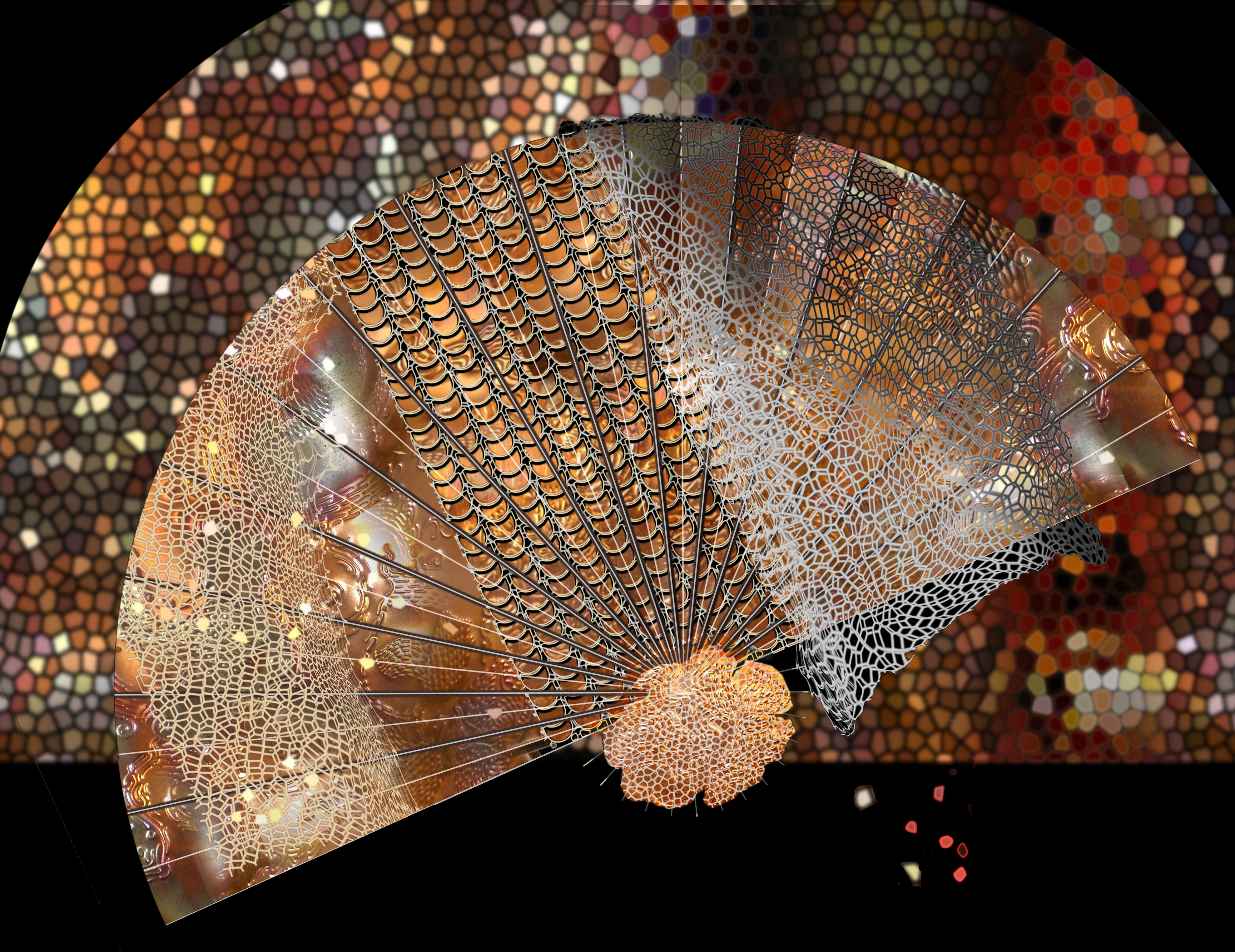 Meditation graphic: stylized fans with kaleidoscopic and tiled arch backgrounds