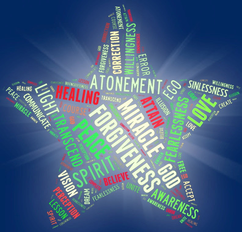 graphic element: Word Star - ACIM Weekly Thought (star shape word montage/cloud made of words from ACIM; e.g. FORGIVENESS, ATONEMENT, MIRACLE, TRANSCEND, WILLINGNESS, FEARLESSNESS, SPIRIT, VISION, PEACE, LOVE, UNITE, CORRECTION, etc.)