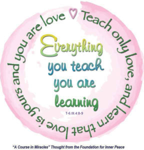 graphic (ACIM Weekly Thought): "Everything you teach you are learning. Teach only love, and learn that love is yours and you are love." T-6.III.4:8-9