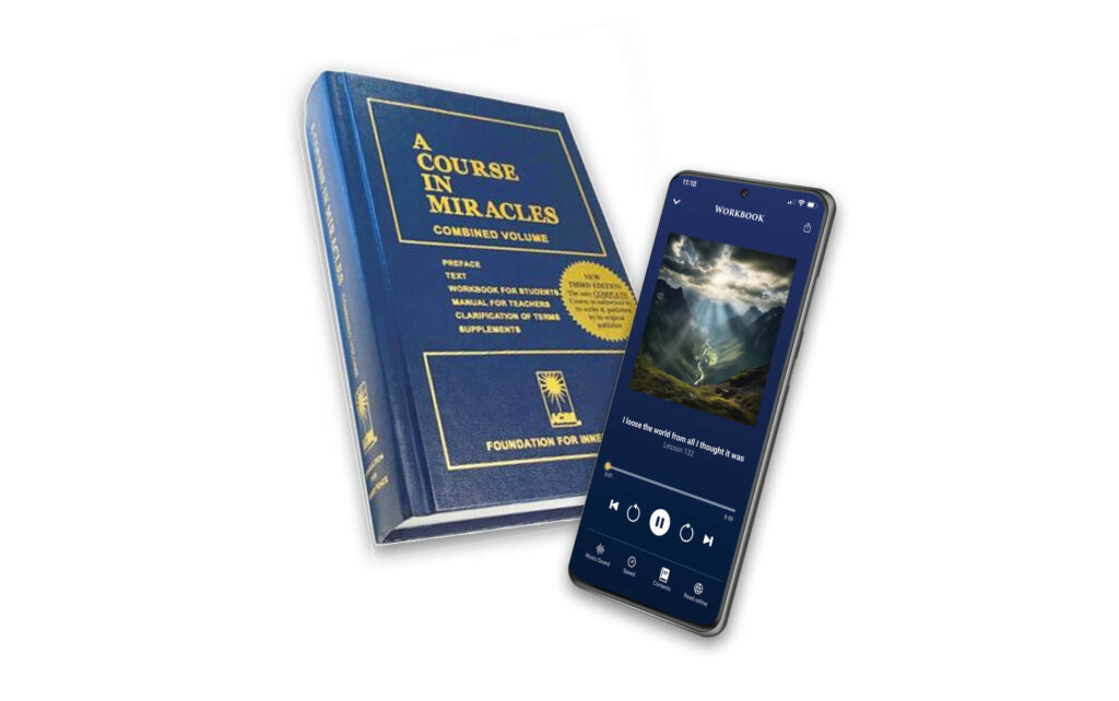A Course in Miracles blue book and android phone with audio app